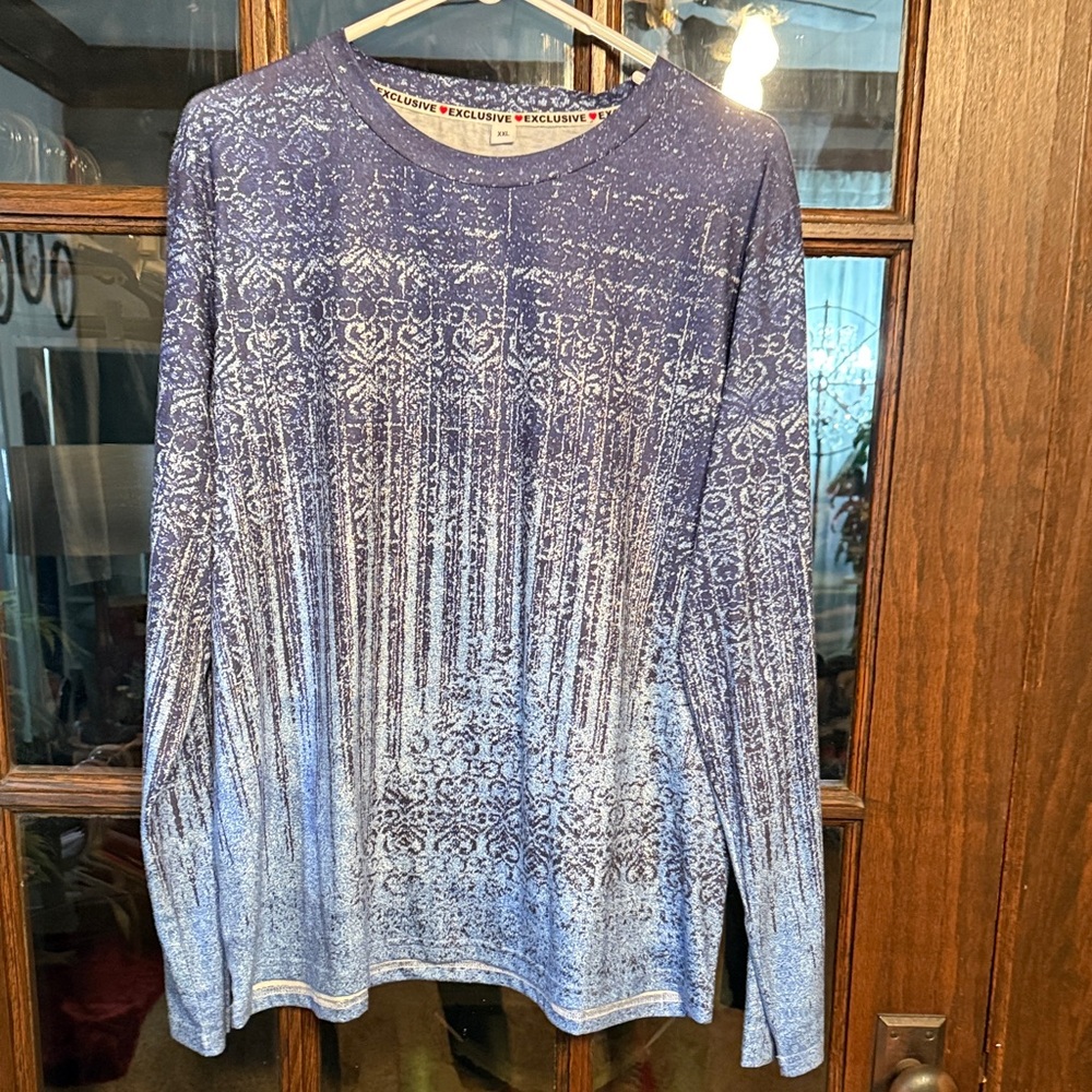 Exclusive Womens XXL Blue Damask Burnout Long Sleeve Crew Neck Tee Shirt‎ Top